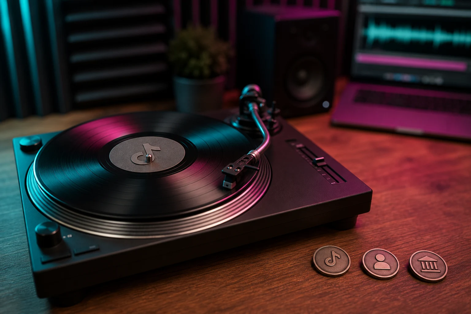 Tocadiscos con vinilo TikTok logo en etiqueta central fichas