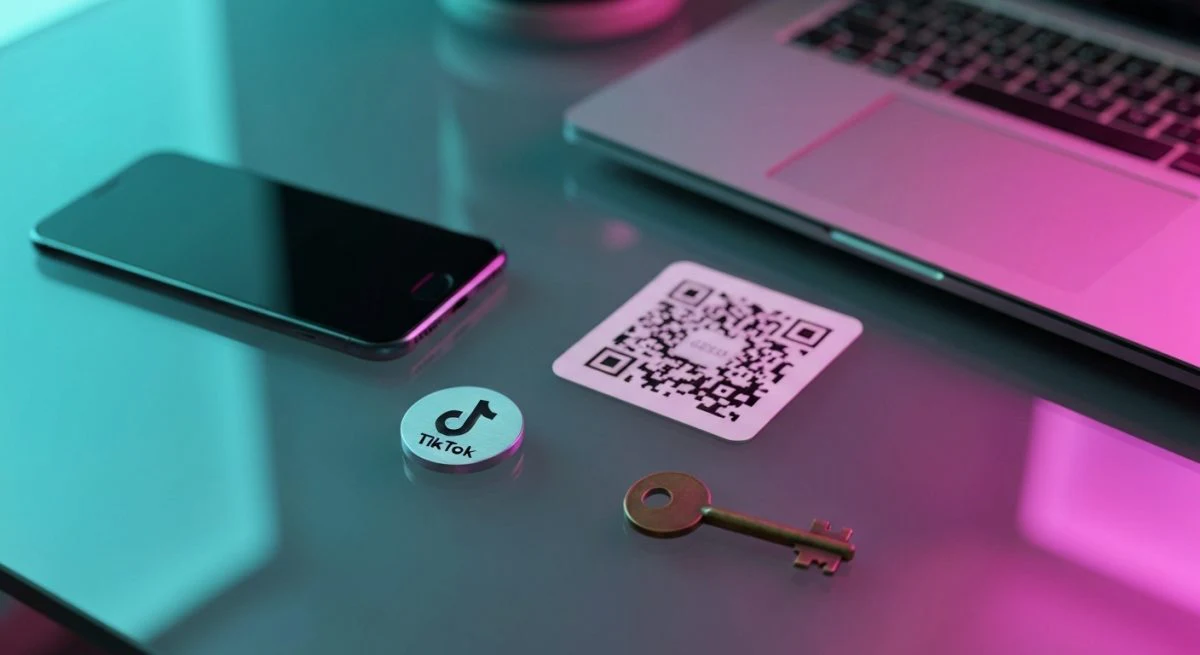 Token circular de metal con logo TikTok sobre vidrio rodeado