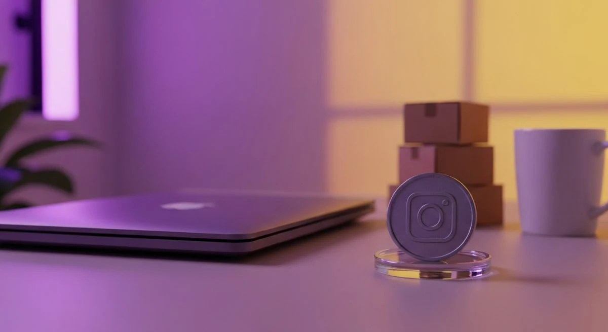 Token metal con glifo Instagram sobre posavaso de vidrio transparente