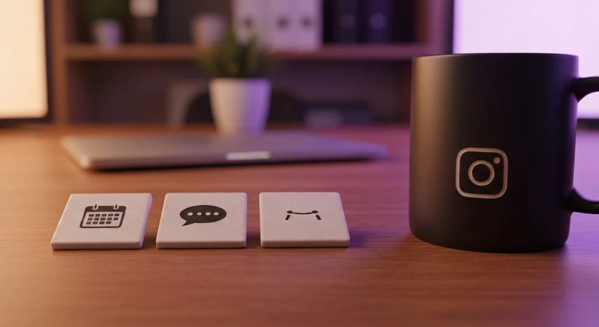 Tres baldosas WTM iconos calendario burbuja ironía taza Instagram glifo