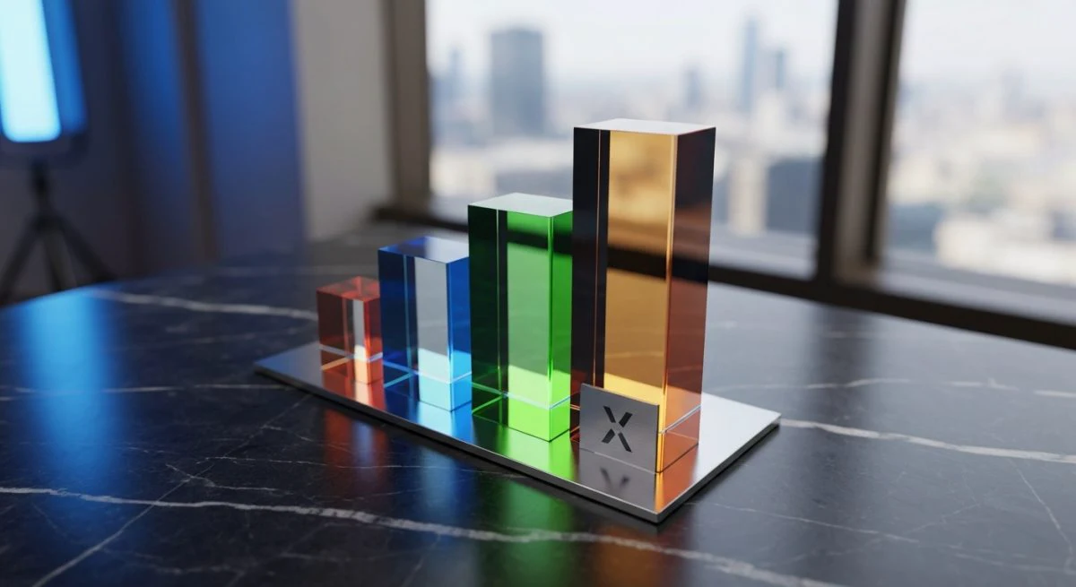 Tres prismas de vidrio coloridos sobre mármol con logotipo X