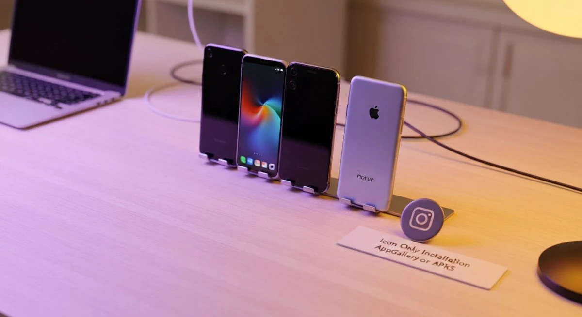Tres teléfonos Android iPhone y Honor sobre escritorio claro con insignia Instagram