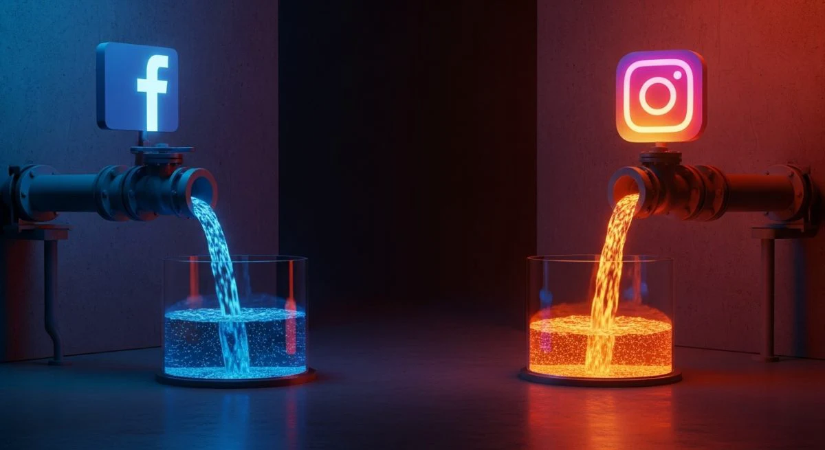 Tuberías drenan tanque transparente con válvulas de logos de Facebook e Instagram