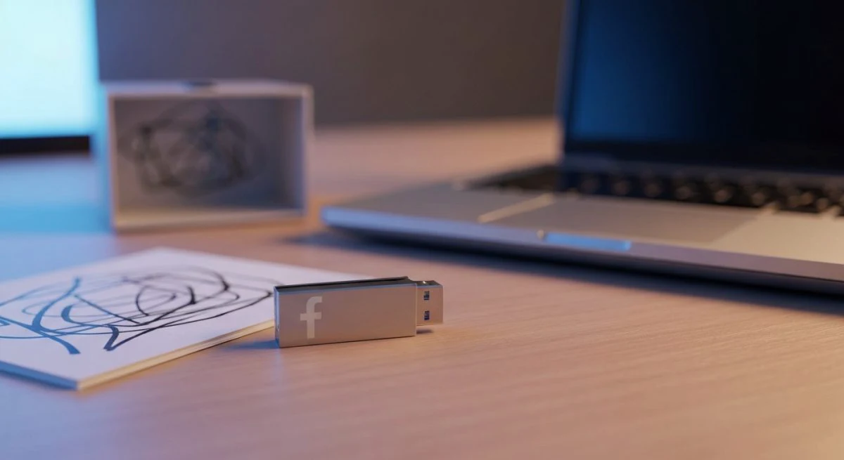 USB con logo de Facebook grabado sobre escritorio de madera
