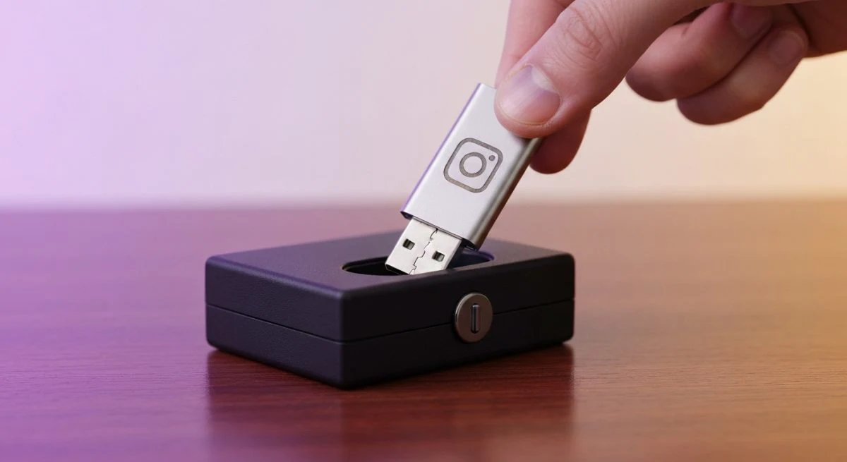 USB metálico con logo de Instagram junto a caja negra
