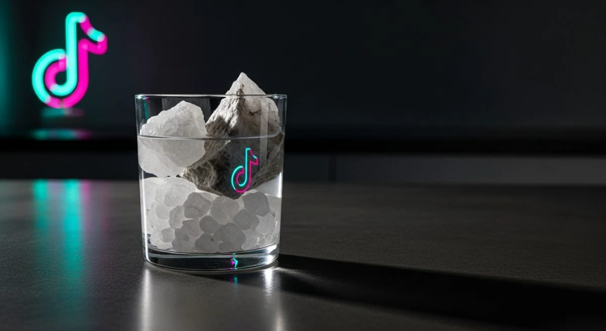 Vaso de agua con cristales de sal sobre encimera moderna