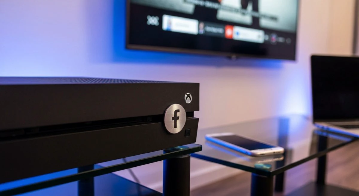 Xbox One en soporte de vidrio con insignia circular Facebook