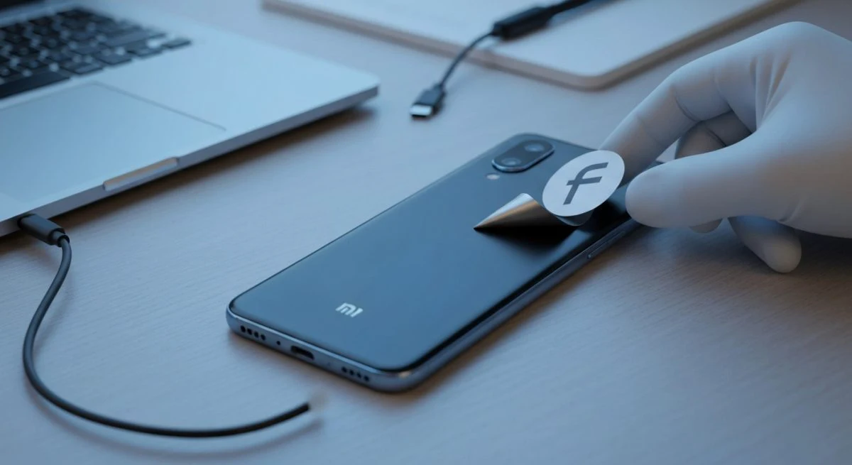 Xiaomi smartphone boca abajo con sticker circular icono f despegado
