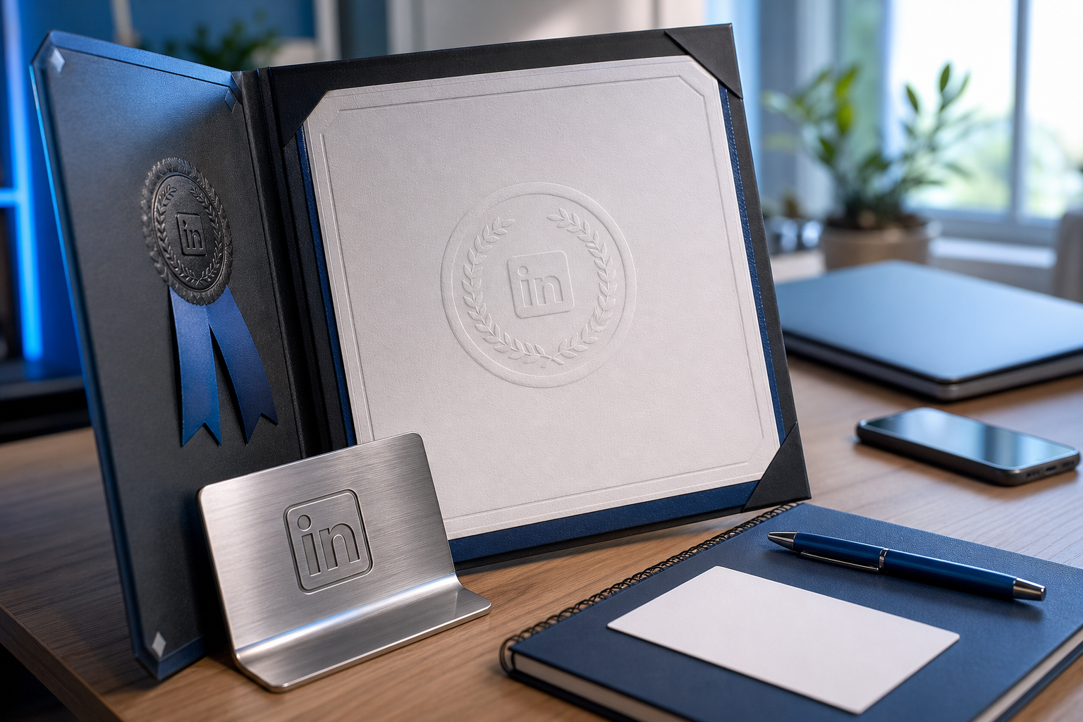 Certificado profesional con logo de LinkedIn sobre escritorio de madera ordenado