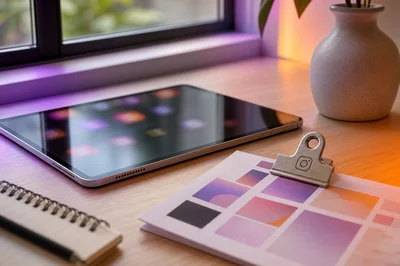 Mesa de trabajo minimalista con tableta plateada y logotipo Instagram