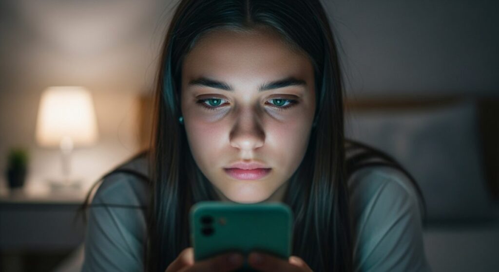 Adolescente estresada mirando su móvil