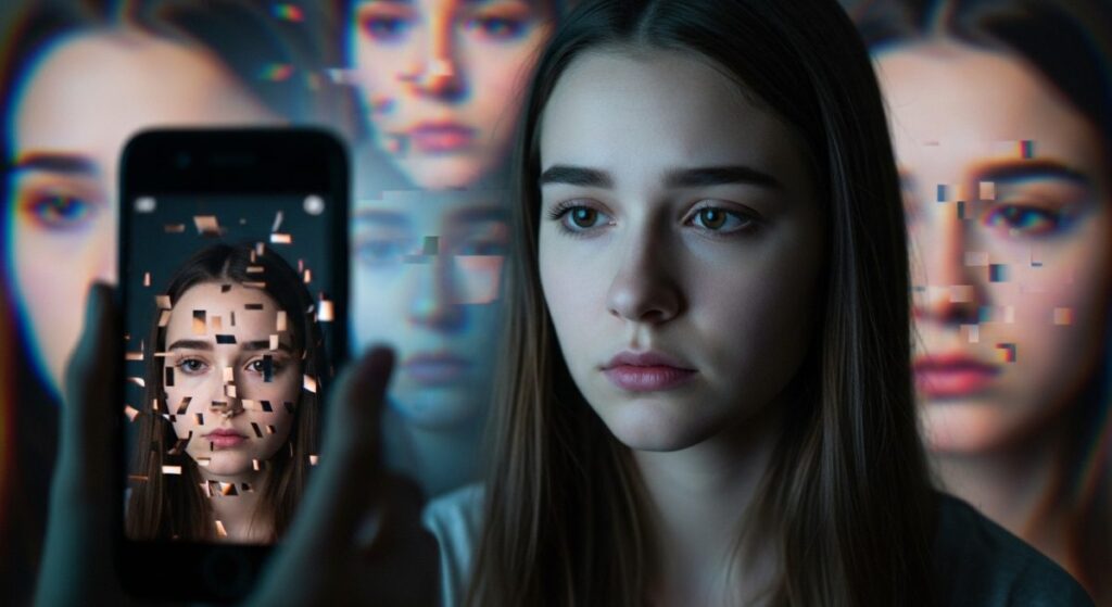 Adolescente pensativa mira reflejo teléfono presión redes sociales
