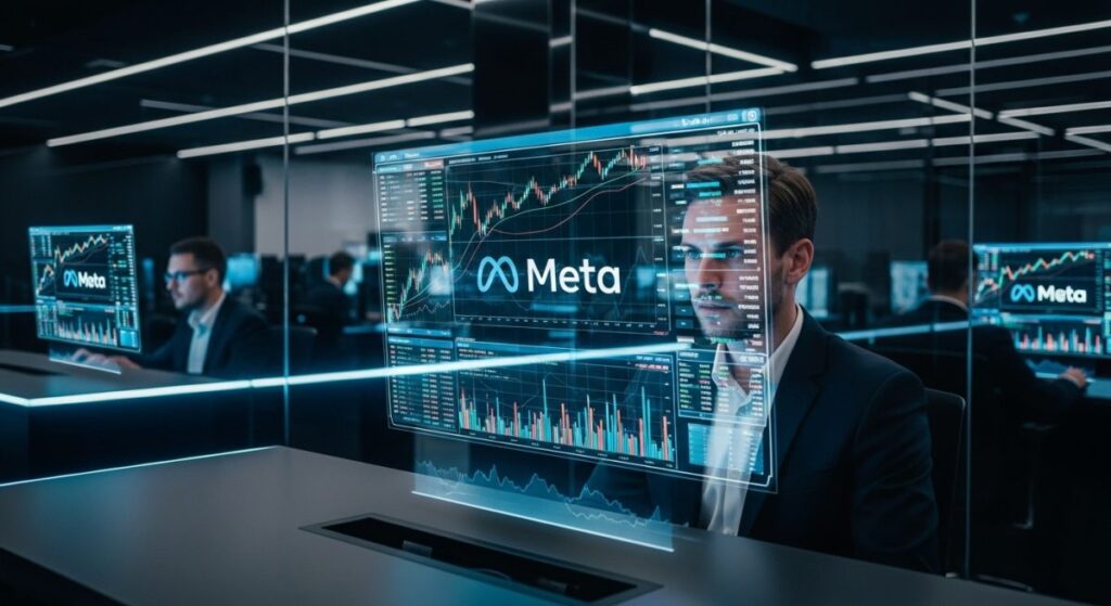 Analista viendo datos Meta en sala trading moderna