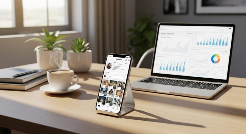 Escritorio de experto en marketing digital: smartphone con Instagram de alta interacción, portátil con panel de ventas y gráficos de crecimiento.