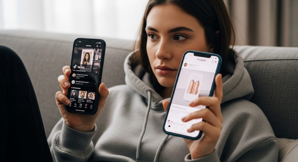 Joven Gen Z compara productos en dos smartphones