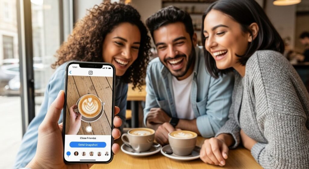 Jóvenes sonrientes usando la nueva función Instantáneas de Instagram
