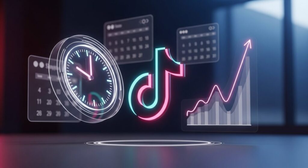 Logo de TikTok con reloj y gráfico de crecimiento viral