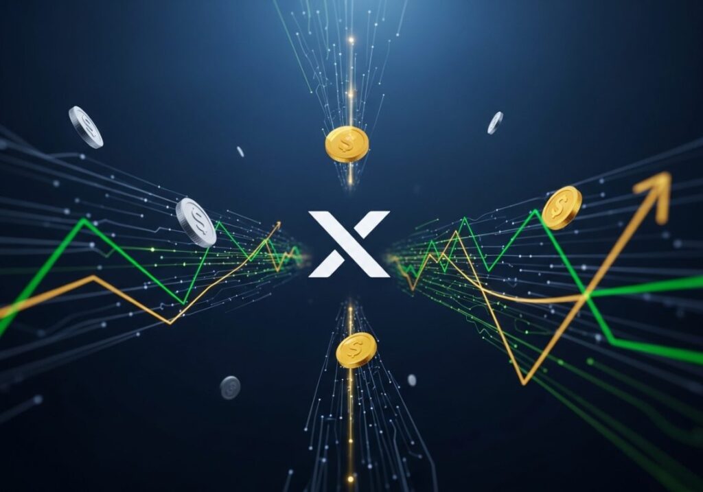 logo de X con lineas de color verde y dorado con monedas doradas y plateadas