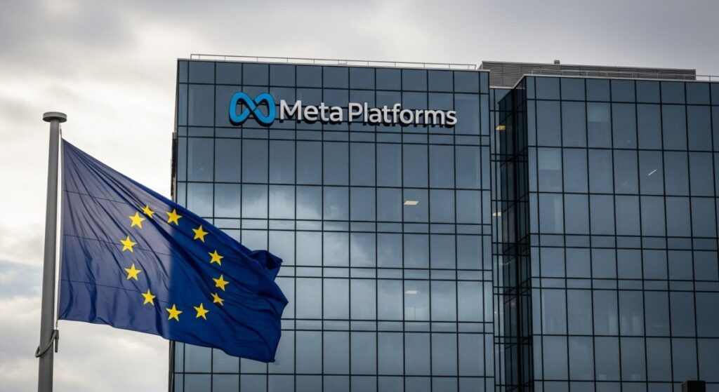Logotipo Meta edificio, bandera UE primer plano, cielo nublado