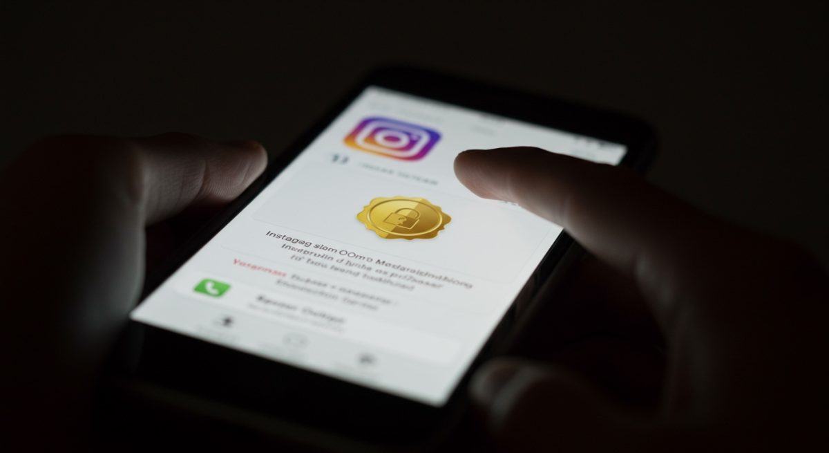 Mano toca enlace sospechoso en pantalla de smartphone Instagram fraudulenta