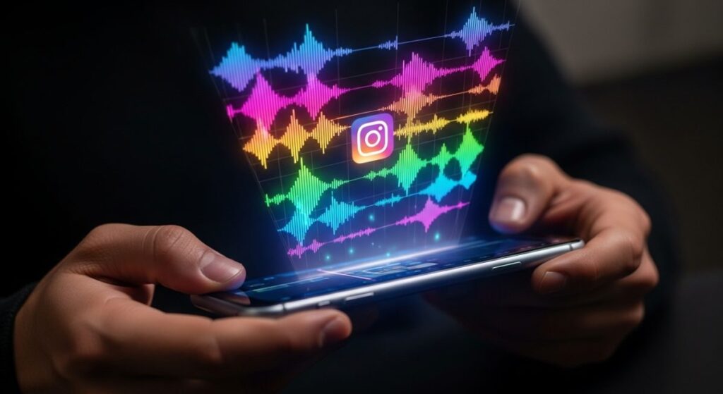 Manos editando audio multipista en un Reel de Instagram.