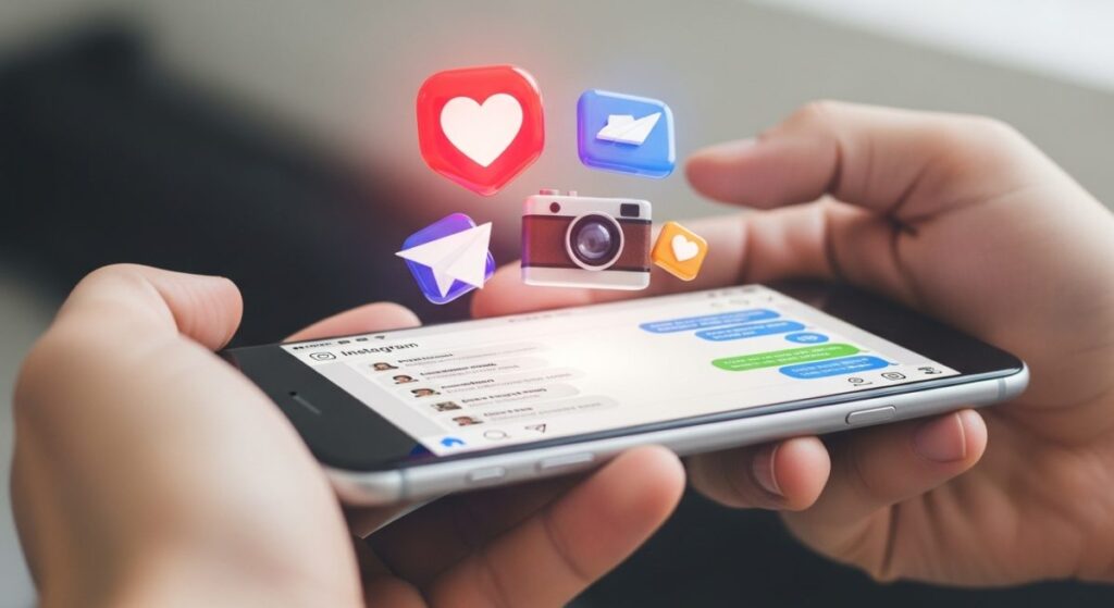 Manos sosteniendo un smartphone con iconos de Instagram flotando