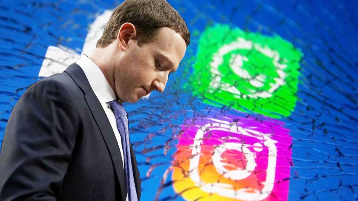 mark zuckerberg mirando hacia abajo con logos de whatsapp e instagram de fondo