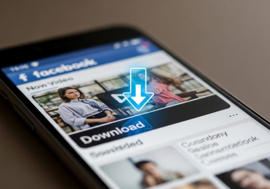 movil con video de facebook y flecha azul de descarga sobre el