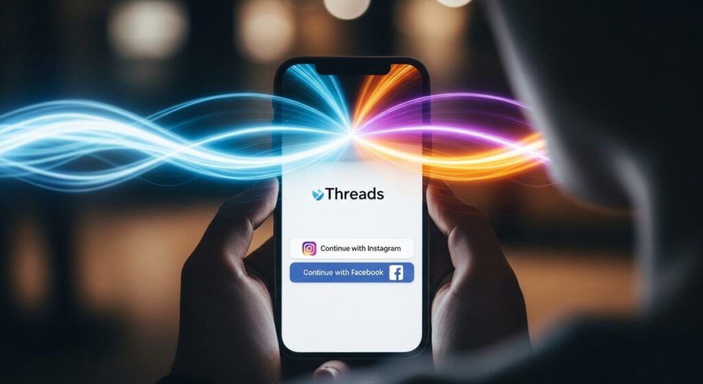 Pantalla de móvil: registro Threads con Facebook e Instagram