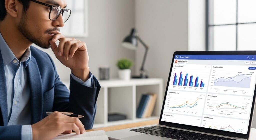 Persona analizando gráficos de redes sociales en portátil