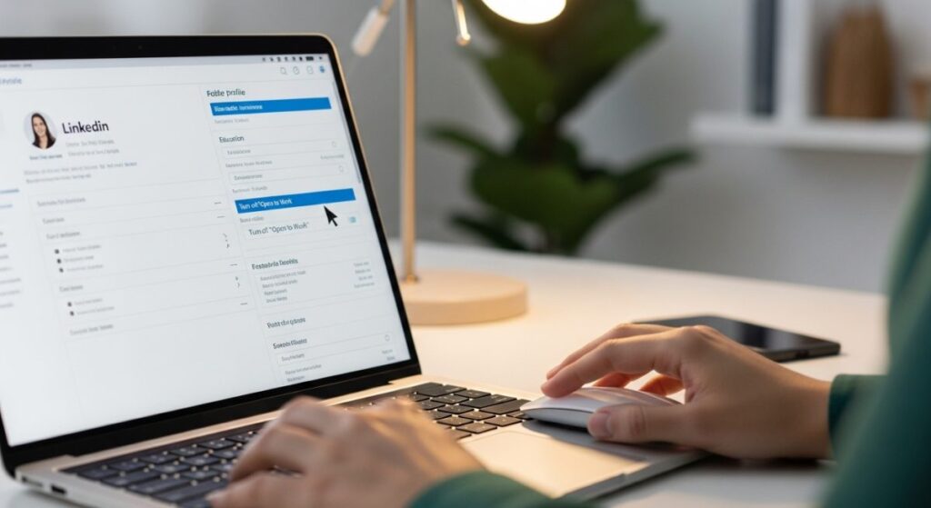 Persona desactivando Open to Work en LinkedIn portátil