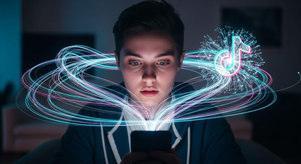 persona mirando su movil desde el cual salen lineas de luz que lo envuelven
