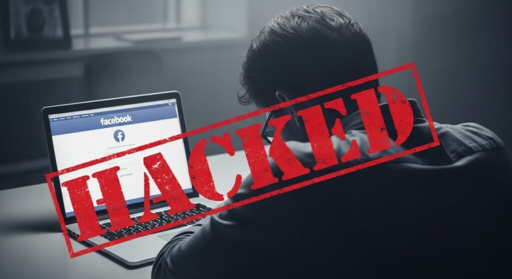 persona preocupada frente a ordenador con pantalla de inicio de sesion de Facebook y sello de hacked