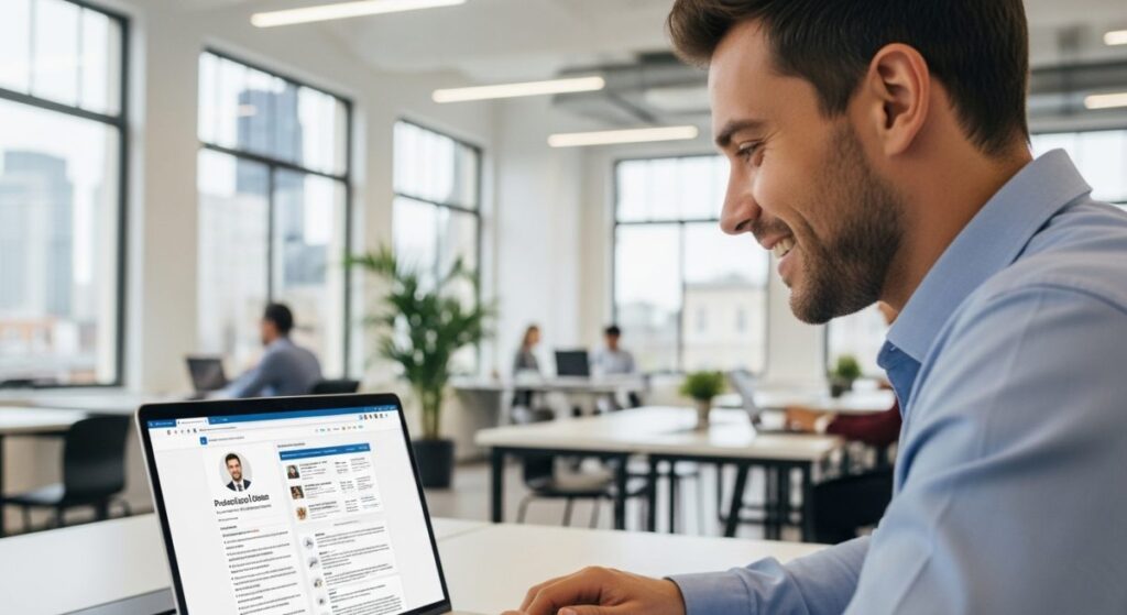 Profesional sonriente revisa perfil LinkedIn laptop oficina moderna