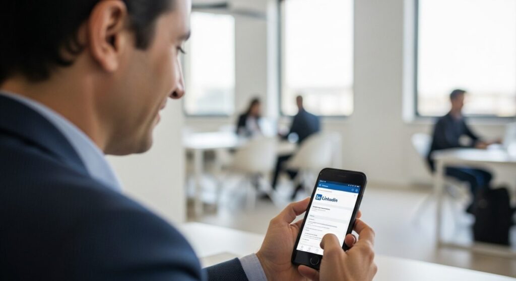 Profesional usando la aplicación de LinkedIn en un móvil