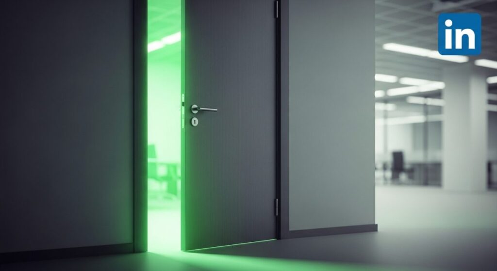Puerta entreabierta de oficina con luz verde saliendo de la habitación y logo de linkedin