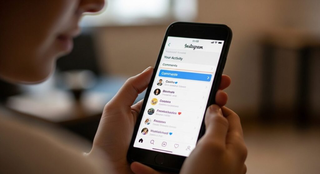 Smartphone con Instagram mostrando comentarios en menú Tu Actividad