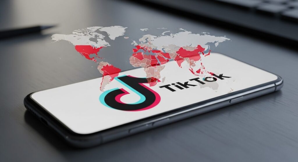 Smartphone con logo de TikTok y mapa del mundo