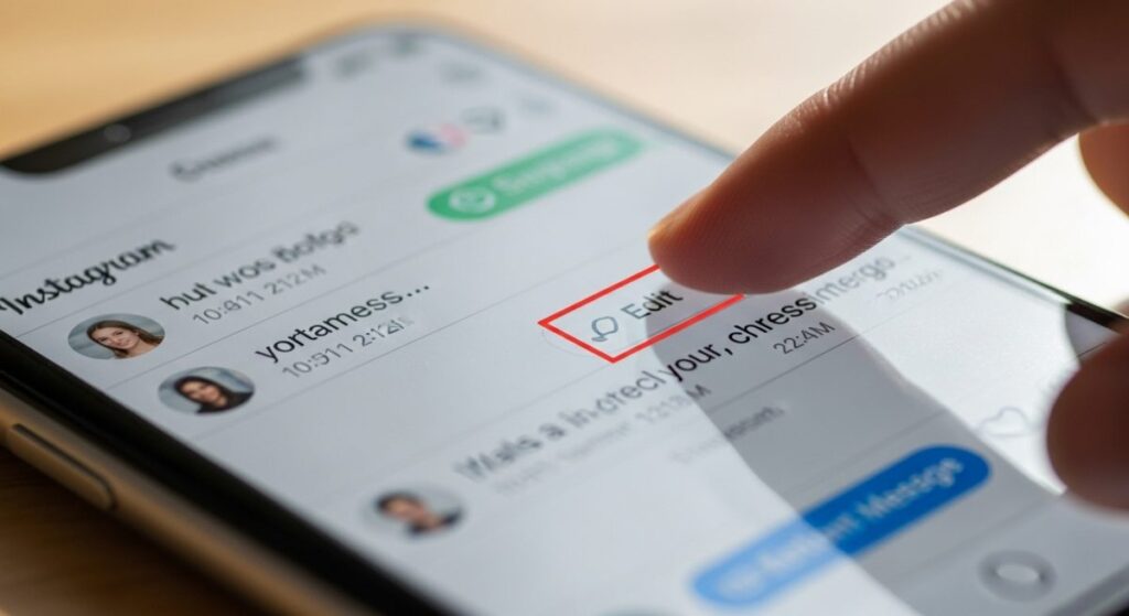 Smartphone Instagram chat dedo tocando editar mensaje