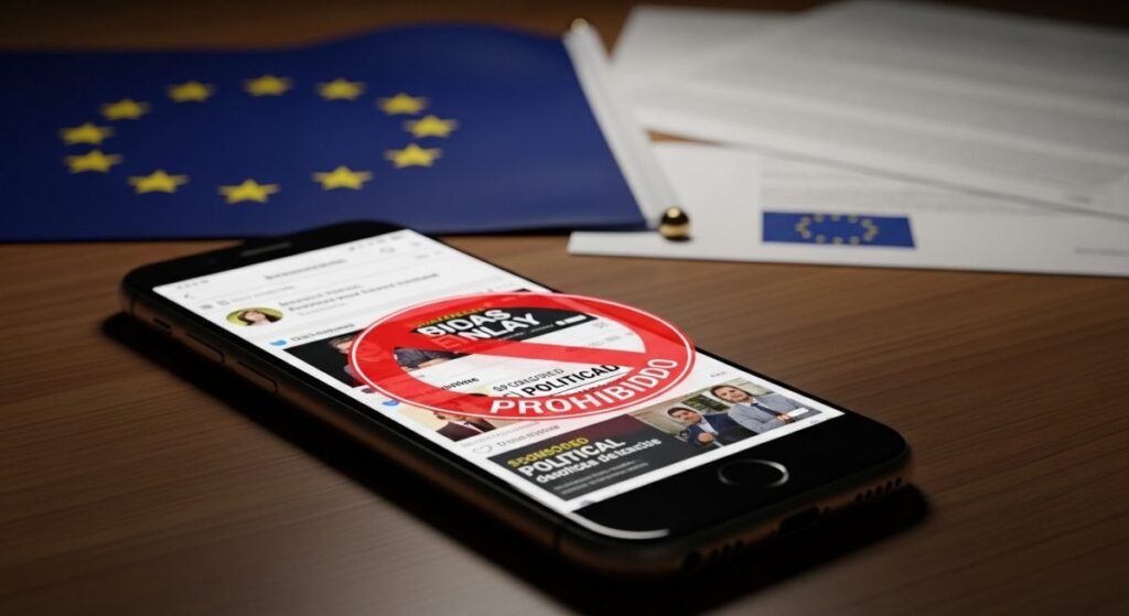 Teléfono en escritorio con anuncio político prohibido por regulación europea