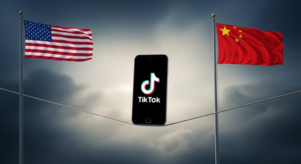 Teléfono TikTok bandera EEUU China incertidumbre geopolítica