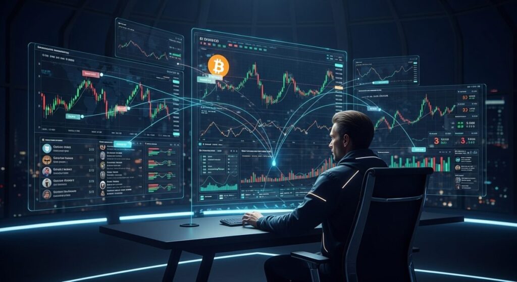 Trader futurista analizando criptomonedas y datos de mercado con IA
