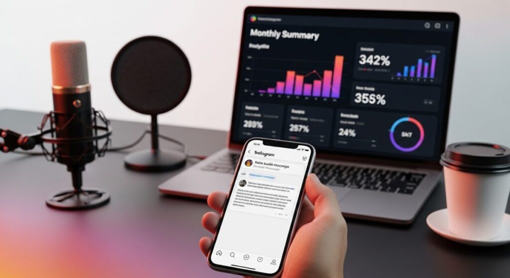Un creador de contenido usando en su smartphone la nueva función de transcripción de audio de Instagram, con un portátil de fondo que muestra analíticas de crecimiento