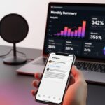 Un creador de contenido usando en su smartphone la nueva función de transcripción de audio de Instagram, con un portátil de fondo que muestra analíticas de crecimiento