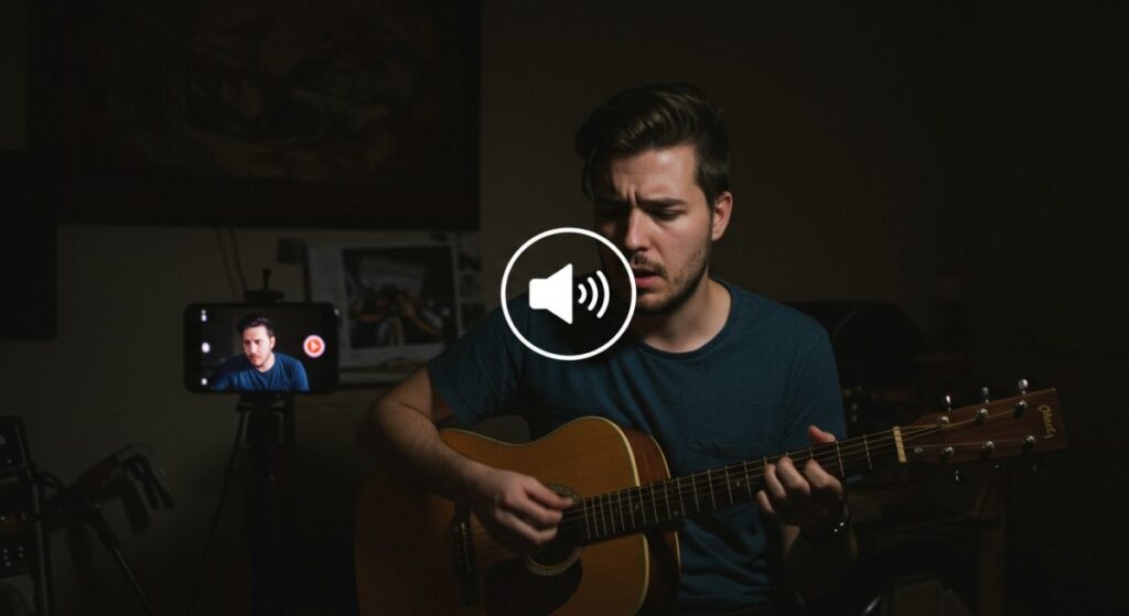 Un músico en solitario se ve estresado en una habitación con poca luz, iluminado sólo por el resplandor de su teléfono inteligente que está configurado para un livestream, con una superposición de un