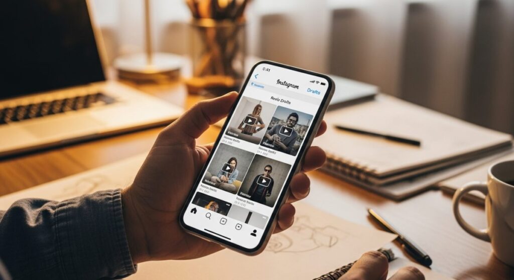 Una persona sujeta un smartphone en el que se muestran los borradores de Instagram