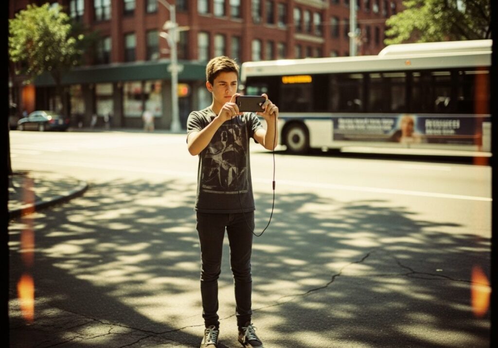 Adolescente grabando video con smartphone en entorno urbano