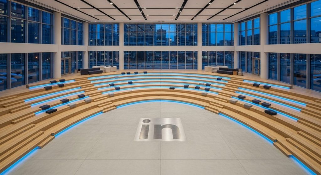 Anfiteatro moderno vacío con logo de LinkedIn incrustado en el centro