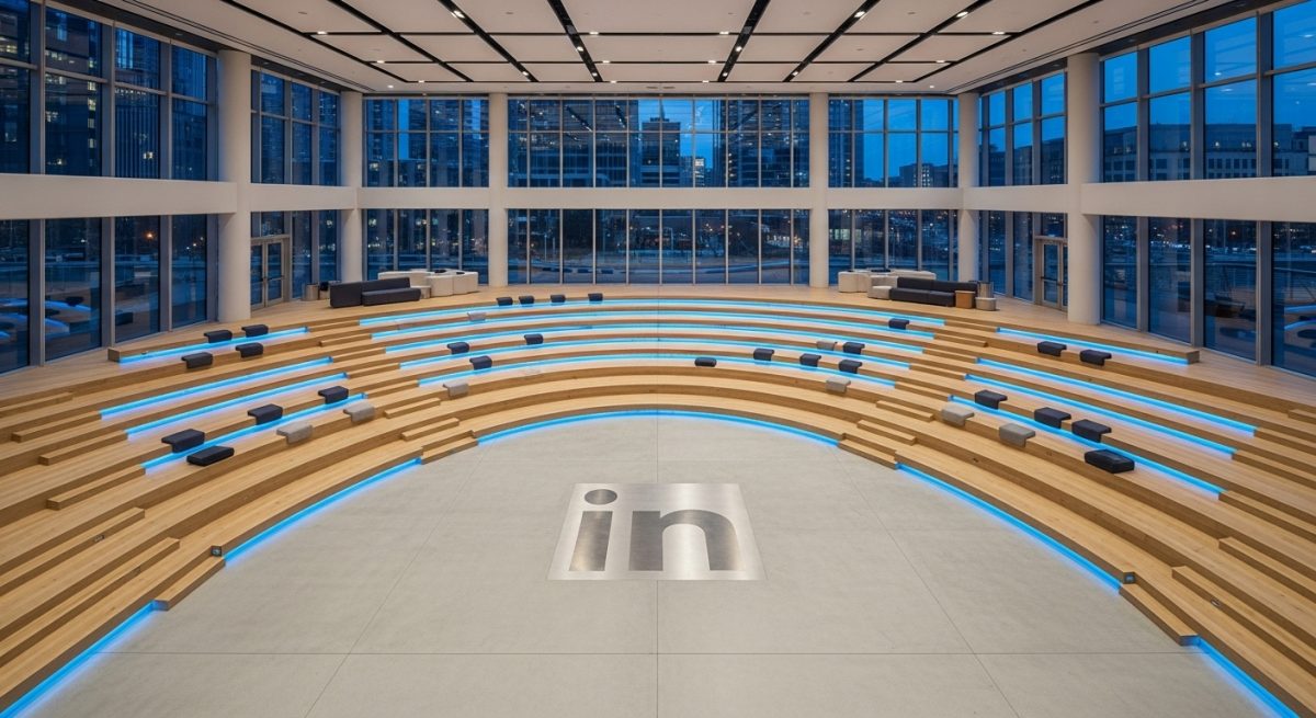 Anfiteatro moderno vacío con logo de LinkedIn incrustado en el centro