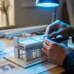 Artesano confecciona maqueta arquitectónica moderna en estudio iluminado